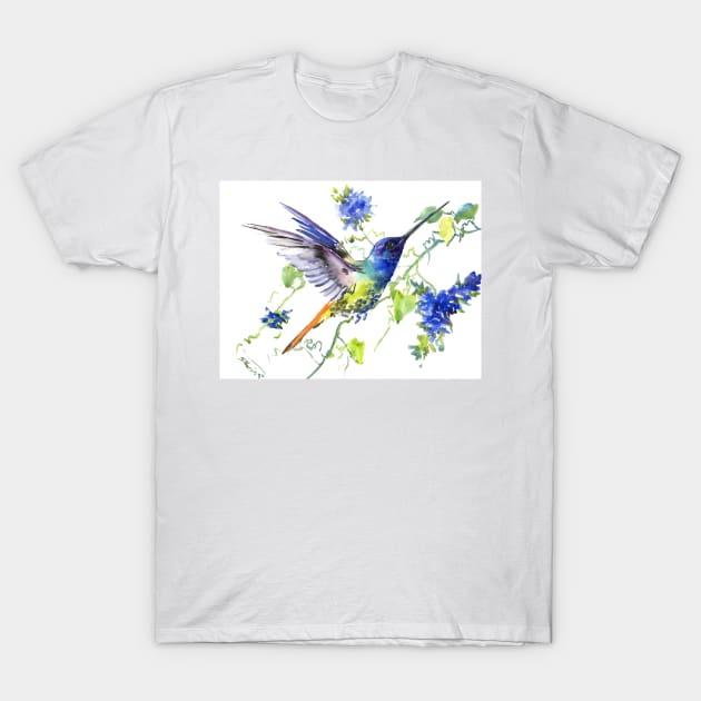 Flying Hummingbird and Blue Flowers T-Shirt by surenart